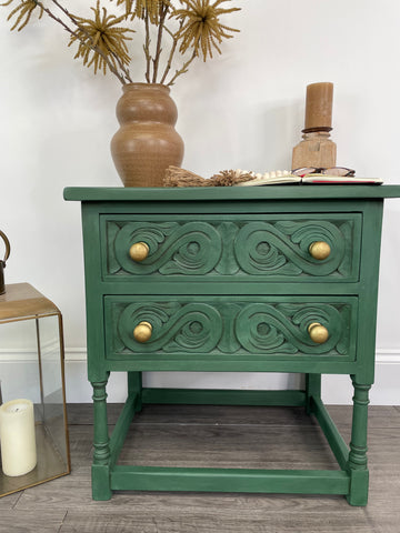Rustic green vintage oak 2 drawer occasional side table | bedside table |  storage unit