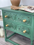Rustic green vintage oak 2 drawer occasional side table | bedside table |  storage unit